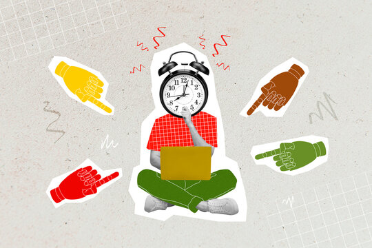 Collage photo of young sitting professional programmer has deadline today finger point laptop problems absurd head oclock isolated on painted beige color background