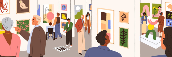 People in modern art gallery. Visitors walking, looking at paintings, watching abstract pictures on walls at contemporary artworks exhibition in public museum, panorama. Flat vector illustration