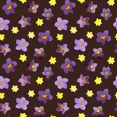 Floral seamless pattern with small purple and yellow flowers. Delicate watercolor illustration on brown background for textile or wallpapers.