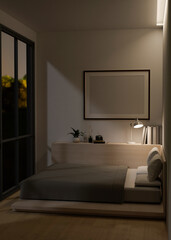 Minimal and cozy bedroom interior with comfortable bed, blank frame mockup on the wall