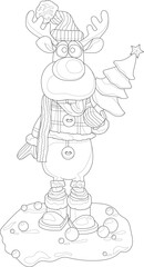 Cute cartoon deer in winter clothes with Christmas pine tree in snow sketch template. Graphic vector illustration in black and white for games, background, pattern, decor. Coloring paper, page, book