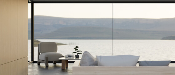 Luxury hotel lounge or penthouse living room against the window with lake and mountain view