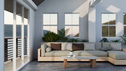 Contemporary Scandinavian living room with comfortable couch, cement floor and balcony.