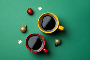 Concept of Christmas and Happy New Year, Christmas coffee, top view