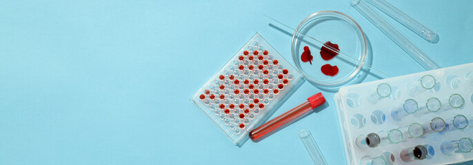Concept of science and research with laboratory accessories, top view