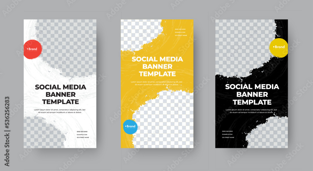 Poster vector vertical banner template for stories with semicircular grunge elements for photos.