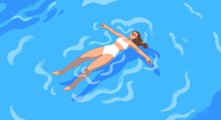 Happy calm woman floating, lying on water surface. Young girl in bikini swimming on back in sea, blue aqua. Serene female character relaxing in harmony on summer holiday. Flat vector illustration