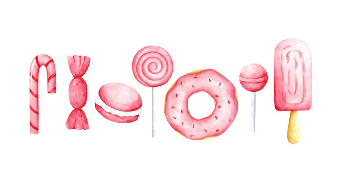 Watercolor pink candy clip art set isolated on transparent background. Sweet food collection. Ice cream, donut, candy, candy cane, lollipop, macaroon design element.