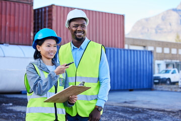 Logistics, planning and employees talking about cargo delivery while working together at a port. Industrial team speaking about shipping of stock and inspection of container at an outdoor warehouse