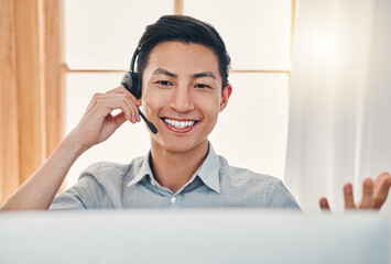 Call center, customer service and worker with computer talking, helping and answer office with crm...