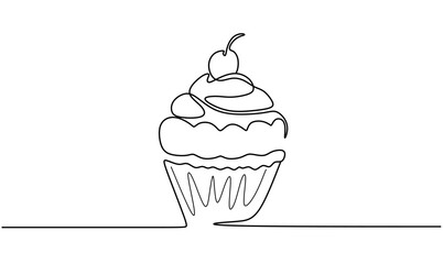 Single continuous line of big cupcake. Big cupcake fast food in one line style isolated on white background.
