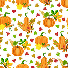 Seamless floral pattern, hand drawn, vector. Orange pumpkins, berries, acorns, colorful autumn leaves, white background.