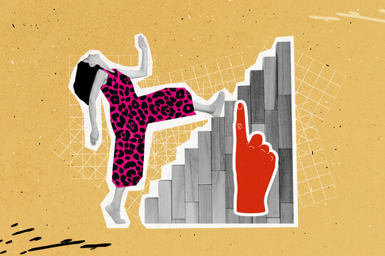 Composite collage picture image of energetic funky funny businesswoman worker walking career stairs growth achievement hand point up