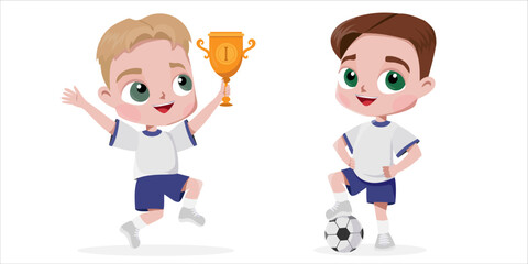  football boys with ball and prize cup on the white background