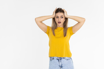Fototapeta premium Surprised happy beautiful woman looking sideways in excitement isolated on white background