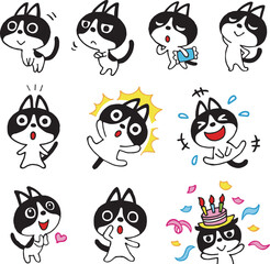 ハチワレネコのゆるい手描きポーズセット3　ベクター素材