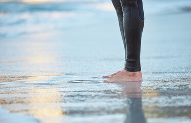 Surf, water and legs of man on the beach for fun adventure, fitness and exercise workout in Rio de...
