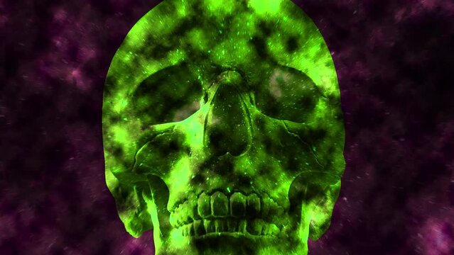 Modern creative concept video 4K with colored graphic. GIF animation with a skull of human face an closed mouth in artificial intelligence crypto art style. Contemporary stop motion art. Funky design.