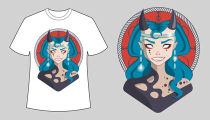 Demon woman Halloween t-shirt design template. Pretty demon girl with long blue hair and horns. Vector eps10 illustration. Creepy smile. Can be used for t-shirt design and tattoo. Attractive succubus.