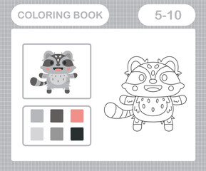 Coloring pages of cute Racoons education game for kids age 5 and 10 Year Old