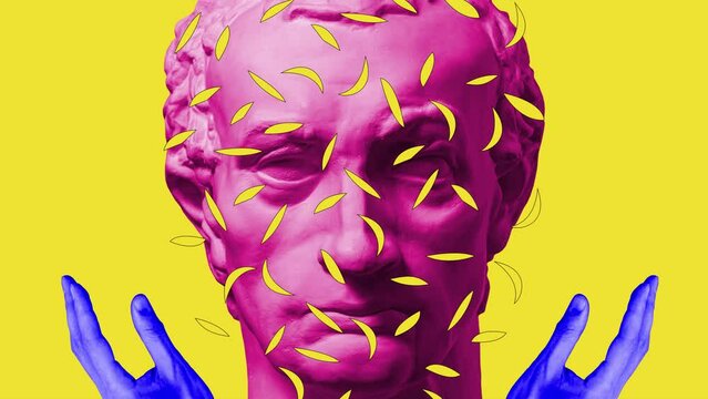 Modern creative concept video 4K with antique sculpture of human face in artificial intelligence pop art style. Modern creative concept gif. Contemporary stop motion art. Funky punk collage design.
