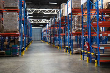 In large depot storage warehouse common use with high level of warehouse steel blue racking to managed storage on shelf