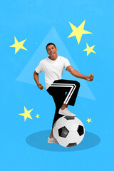 Vertical creative photo collage of overjoyed happy positive lucky guy foot on ball win game match isolated on blue color background