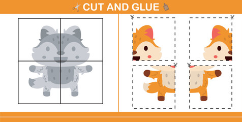 cute cartoon fox.education paper game for kindergarten and preschool.cut and glue game for kids