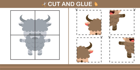 cute cartoon yak.education paper game for kindergarten and preschool.cut and glue game for kids