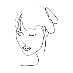 One continuous line hand drawn vector art with beautiful woman face in elegant curve. Black isolated on white background. Modern simplistic design for fashion, wall art, print, tattoo, cover, card.