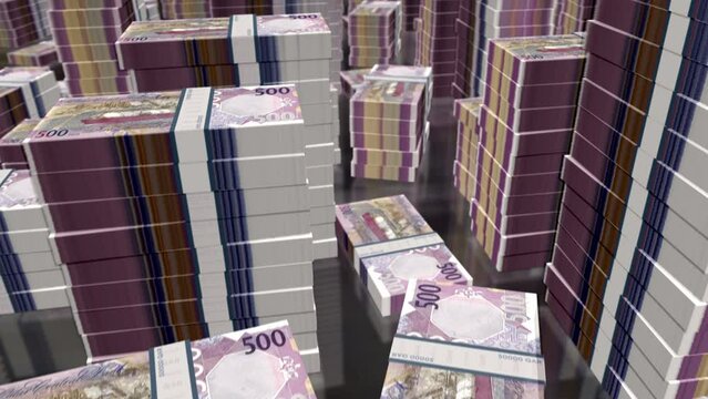Qatar money Riyal money notes packs loop. 3D flight over 500 QAR banknotes stacks towers. Loopable seamless abstract background concept of business, economy crisis and finance.