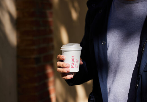 Man Walking WIth Paper Cup Mockup Outdoor