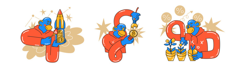 Set with Monkey crypto investor concepts. Data analysis, audit of business, trends and markets. Investment, startup, search for new successful business ideas. Cartoon style in vector illustration.