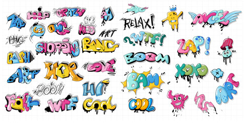 Graphic set street art with tags and 3D graffiti with effect. The art of drawing with Urban savage spray paint. A cool set of drawings of cartoon graffiti for children. Hand drawn graffiti doodle. 