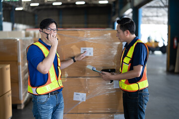 2 man manager and staff working in the large storage warehouse scan bar code and clipboard list for...