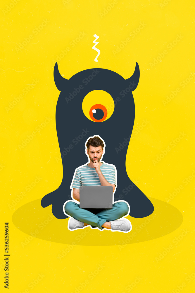 Poster vertical creative collage picture of pensive guy use netbook huge drawing monster behind isolated on