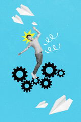 Vertical creative collage of impressed guy black white colors stand balancing configuration gear...