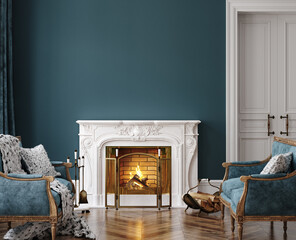 Obraz premium Home mockup, dark classic interior with burning fireplace, 3d render