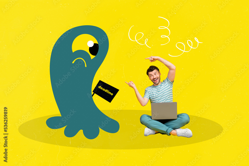 Poster collage picture of cheerful mini guy use netbook indicate fingers big drawing deadline monster isola