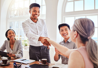 Handshake, networking and business people meeting about corporate partnership in office at work. Happy marketing employees planning a collaboration, shaking hands for welcome and support for manager