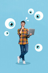 Vertical collage image of minded guy hold netbook contemplate big drawing eyes watch spying isolated on blue background