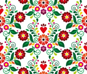Fotobehang Folk art vector seamless pattern with flowers, leaves and heart, Mexican traditional embroidcery style perfect for greeting card or wedding invitation design   © redkoala