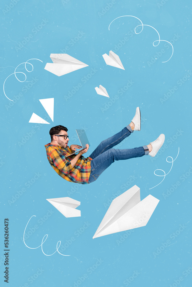 Poster vertical collage of flying guy use wireless netbook big paper planes isolated on creative blue backg