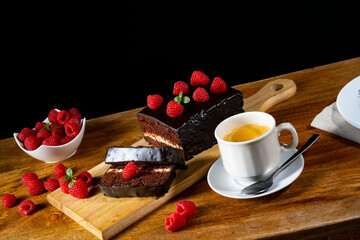 Chocolate cake with raspberries and coffee
