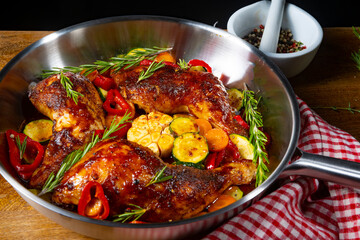 Fried chicken legs with various vegetables and spices