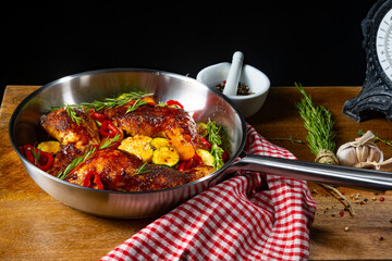 Fried chicken legs with various vegetables and spices