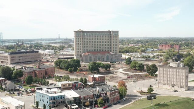 Michigan Central Station in Detroit, Michigan with stable drone video.