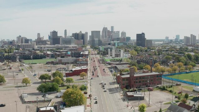 Detroit, Michigan wide shot skyline moving forward over Corktown.