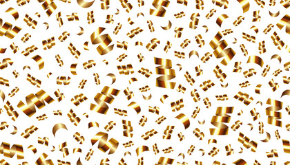 Golden serpentine confetti on transparent background. luxury isolated vector seamless pattern with bright festive tinsel of gold color for banner, poster, package or holiday card decoration