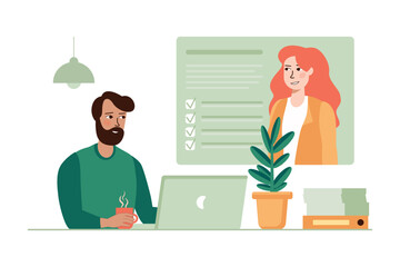 Green concept employee hiring process with people scene in the flat cartoon style. Head of the office reviews the resumes of candidates for a new position. Vector illustration.